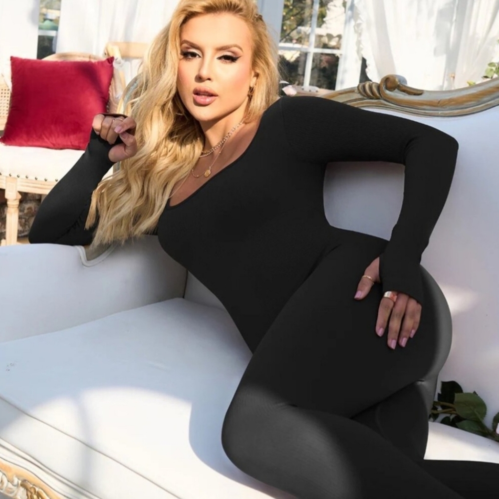 OQQ Ribbed Knit Seamless Jumpsuit Long Sleeve Yoga Jumpsuit